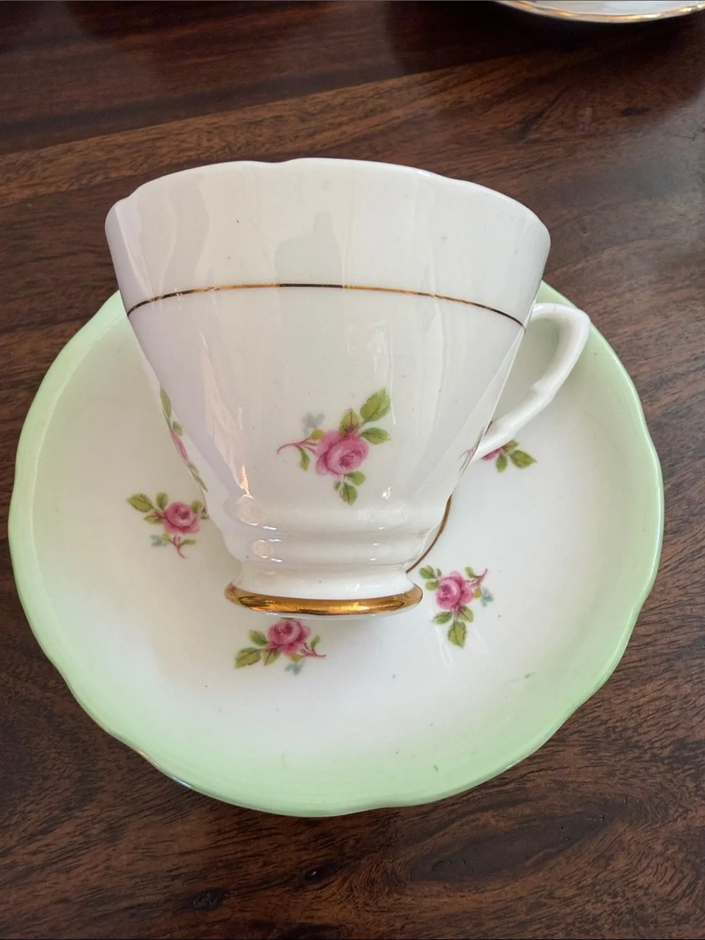 Royal Stafford Vintage Green Rim Floral Teacup and Saucer - Elegant Bone China